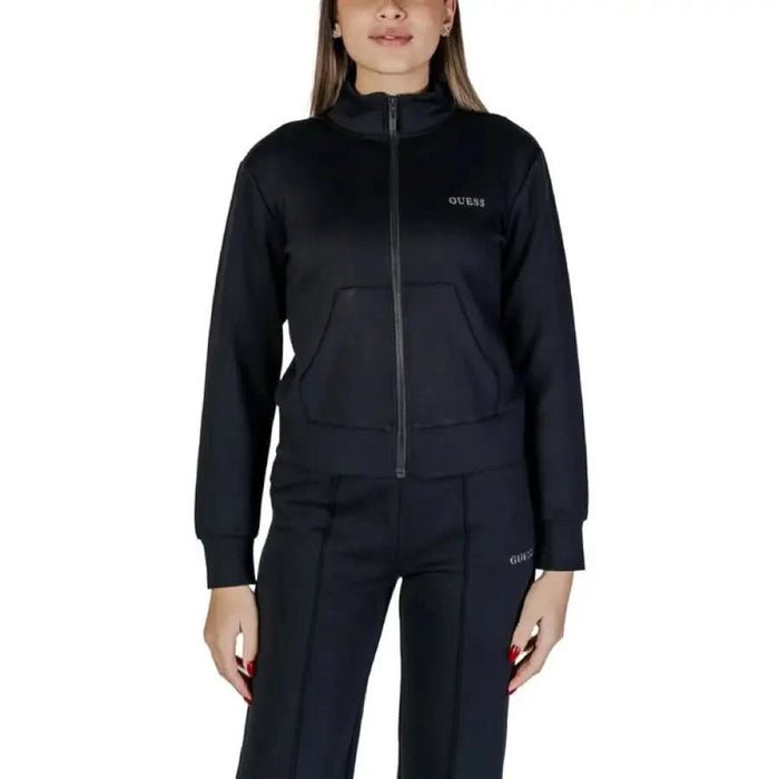 Black zip-up athletic jacket with high collar from Guess Active for women