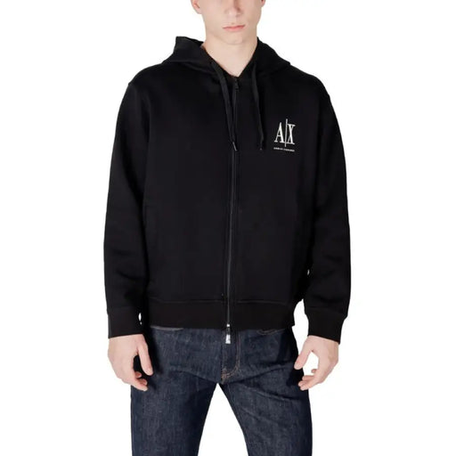 Armani Exchange Men’s Black Zip Hoodie Sweatshirt displayed in a stylish setting