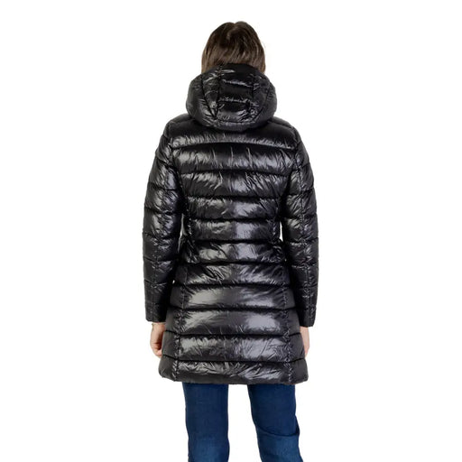 Women’s black shiny hooded puffer coat from Blauer featuring a long turtleneck design