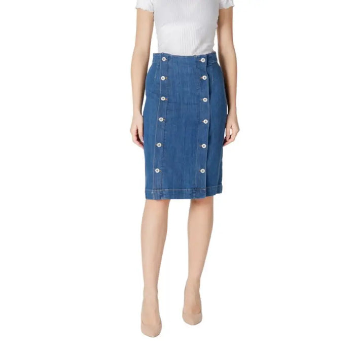 Blue denim pencil skirt with front buttons for a stylish and versatile look