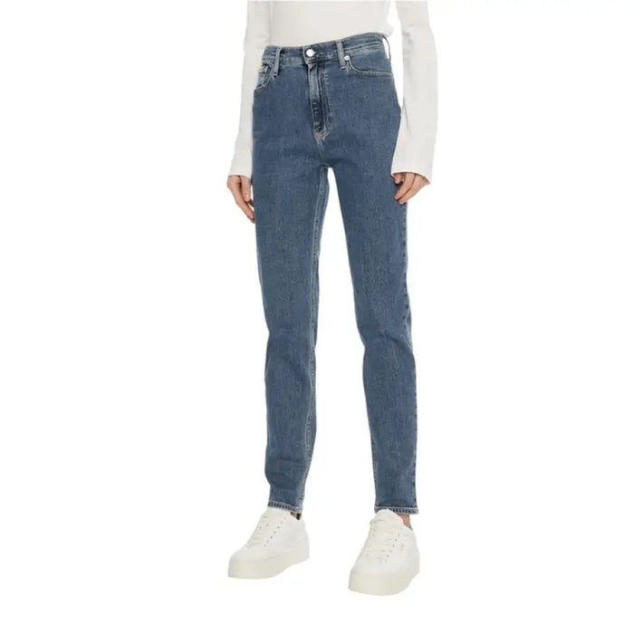 Blue high-waisted denim jeans for women displayed on a product page