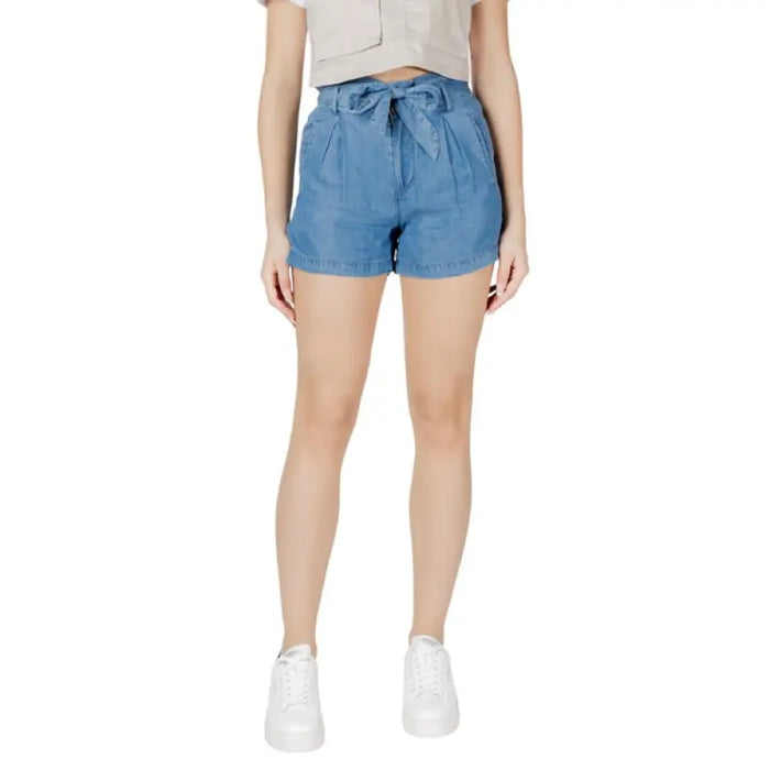 Blue denim paperbag shorts displayed in the product listing