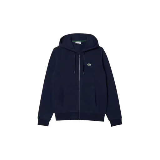 Navy blue Lacoste men’s hooded zip sweatshirt with drawstring hood and ribbed cuffs