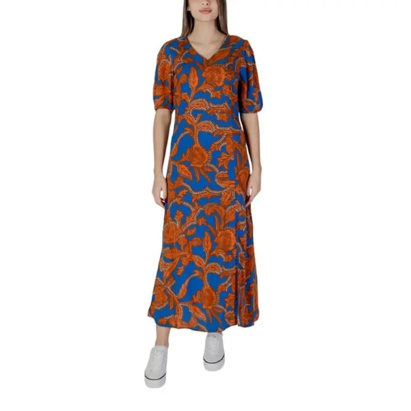 Blue and orange floral maxi dress from B.young Floral V-Neck Dress in Brown 100% Viscose