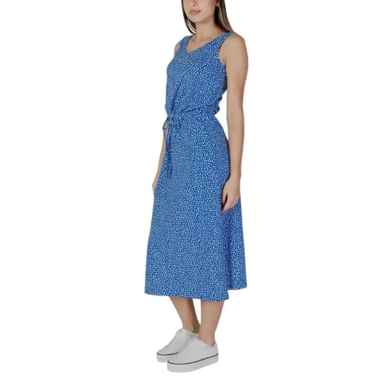 Blue sleeveless midi dress by B.young featuring white polka dots design