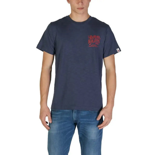 Navy Blue T Shirt with Red Lettering displayed in a product image
