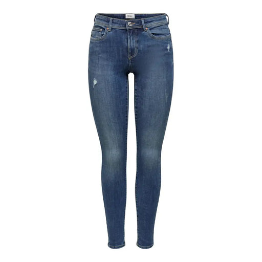 Slim-fit medium-wash blue jeans with distressed details, front and back pockets