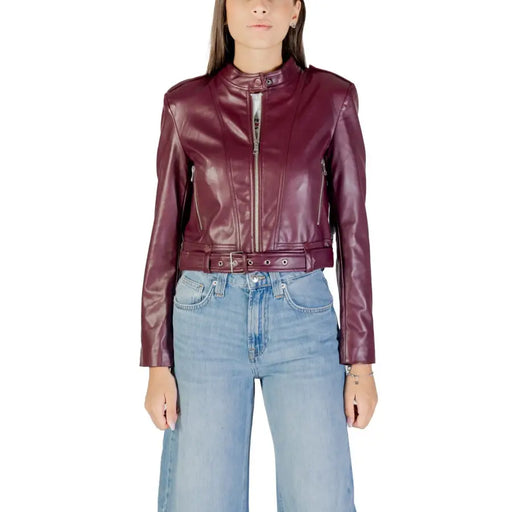 Women’s maroon faux leather biker jacket with belted waist from Bordeaux Long Womens Blazer collection