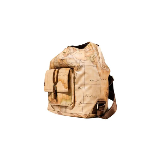 Light brown Alviero Martini Prima Classe backpack with vintage world map pattern and front pocket