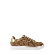 Brown Guess monogram sneakers with gold accents and white soles for women in fall winter collection