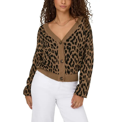 Women’s brown leopard print button-up cardigan with long V-neck design