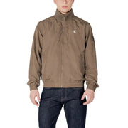 Men’s brown lightweight bomber jacket with high collar and full zip closure displayed in Calvin Klein Jeans Green Zip Front Mens Long Blazer