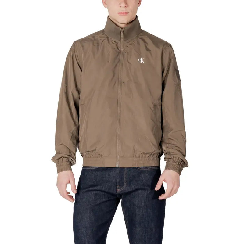 Men’s brown lightweight bomber jacket with high collar and full zip closure displayed in Calvin Klein Jeans Green Zip Front Mens Long Blazer