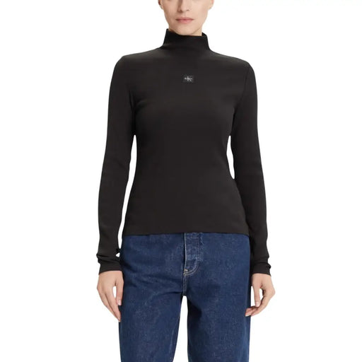 Women’s black long-sleeve turtleneck knitwear with metallic logo from Calvin Klein Jeans