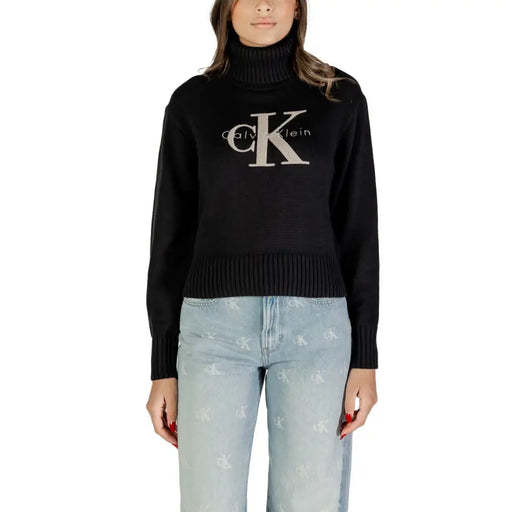 Black Calvin Klein Jeans women’s turtleneck sweater with large logo for fall winter style