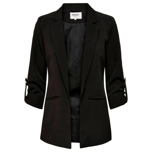 Black women’s blazer with ruched three-quarter sleeves from Classic Black Plain Lapel Collar Blazer for Women Fall Winter