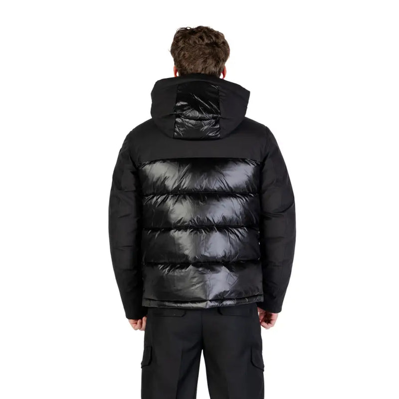 Black puffer jacket with hood and reflective material