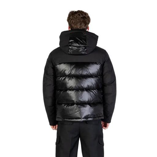 Black puffer jacket with hood and reflective material