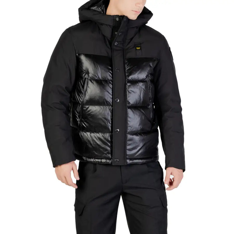 Black puffer jacket with hood and quilted design, moncler brand.