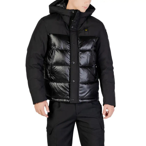 Black puffer jacket with hood and quilted design, moncler brand.