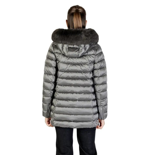 Gray women’s puffer coat with fur-lined hood from Colmar Originals Long Grey Hooded Zip Jacket for Women