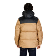 Beige and black puffer jacket with hood, made of synthetic material.