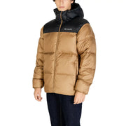 Tan and black columbia puffer jacket with hood.