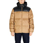 Tan and black columbia puffer jacket with hood.