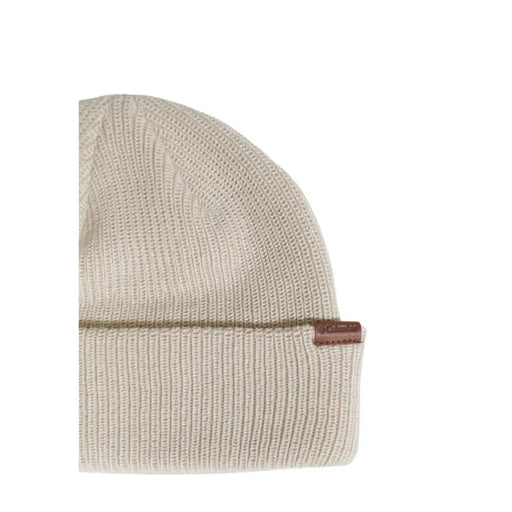 Beige ribbed knit beanie with brown leather patch and logo.