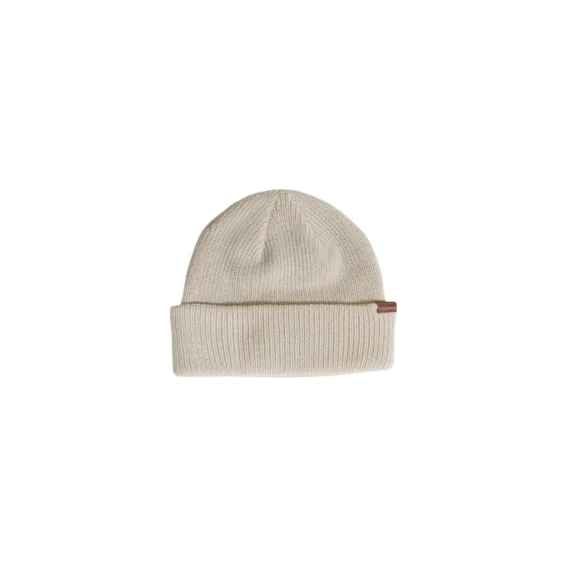 Cream-colored beanie with ribbed texture and brown leather patch on the brim.