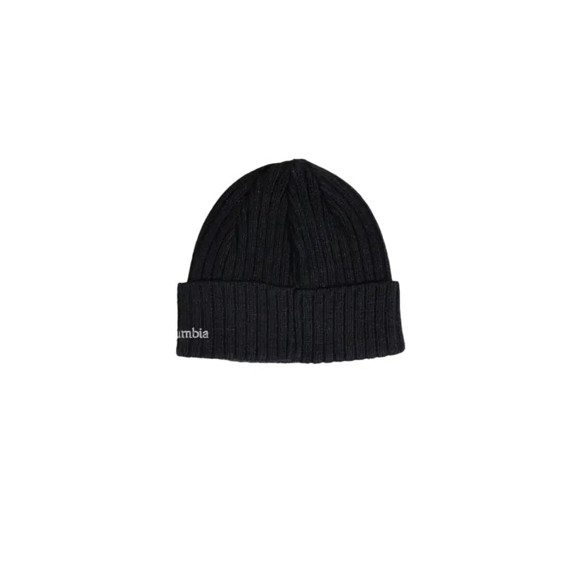 Black columbia fisherman beanie with ribbed texture and logo on the front.