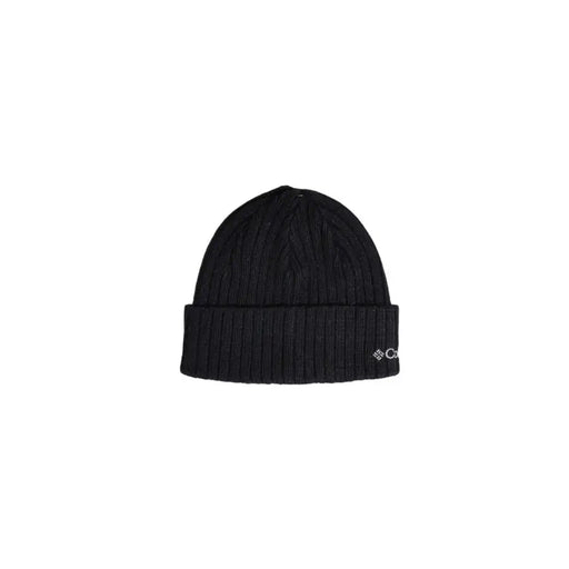 Black columbia beanie with ribbed texture and logo on the front.