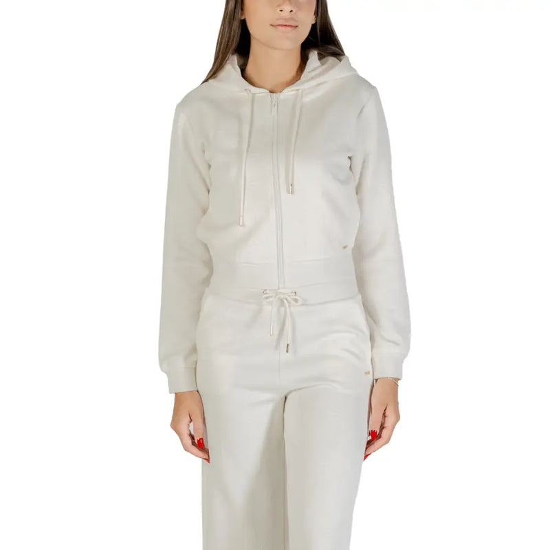 Cream-colored full-zip hooded tracksuit displayed in Guess Active Women Black Sweatshirt collection