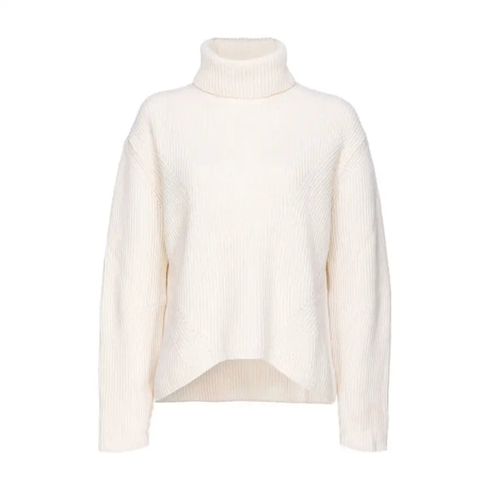 Cream-colored ribbed turtleneck sweater displayed in the product image