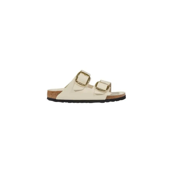 Cream-colored two-strap sandal with gold buckles displayed in Cream Two Strap Sandal with Gold Buckles product image