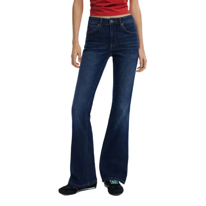 Dark wash high-waisted flare jeans for women featured in Blue and Dark Wash product image