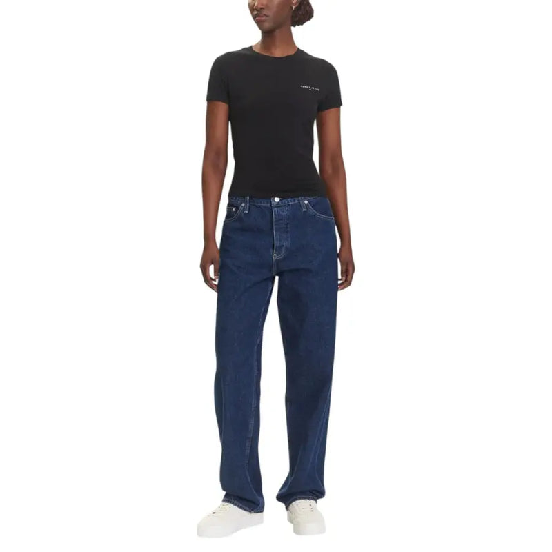 Dark wash straight-leg jeans with white stitching paired with Tommy Hilfiger Organic Cotton Black Round Neck T Shirt