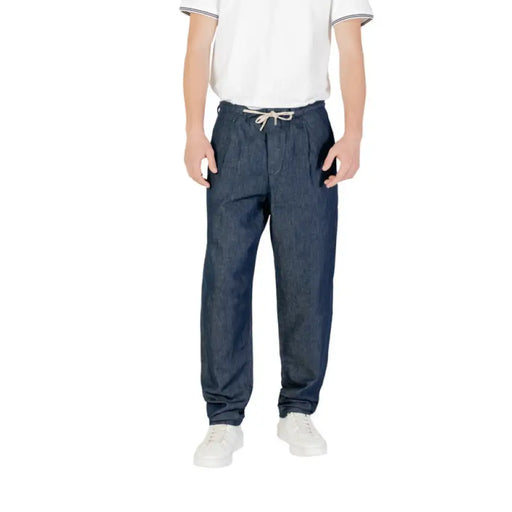 Men’s Dark Blue Denim Drawstring Pants displayed on a model