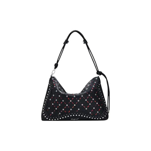 Black studded shoulder bag with pink and white crisscross pattern from Desigual