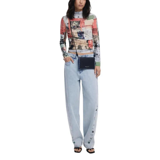 Long-sleeved turtleneck with collage print in pink, orange, blue, and black