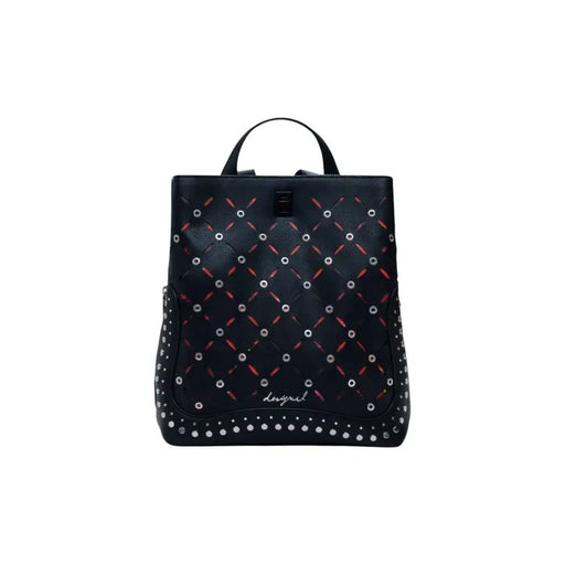 Black faux leather backpack with quilted silver studs, red accents, and top handle