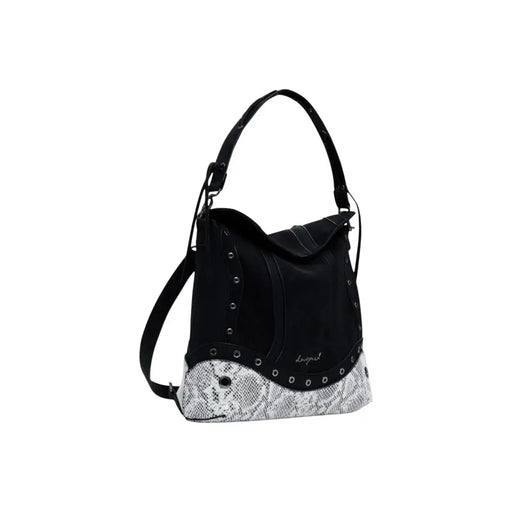 Black shoulder handbag with snakeskin pattern base and silver studs for women