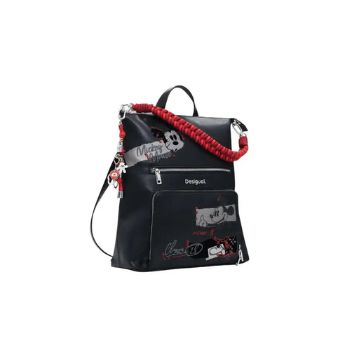 Black faux leather backpack with Mickey Mouse graphics and red braided top handle for Desigual Fall Winter Collection