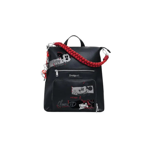 Black faux leather backpack with Mickey Mouse designs and braided red strap for Desigual collection
