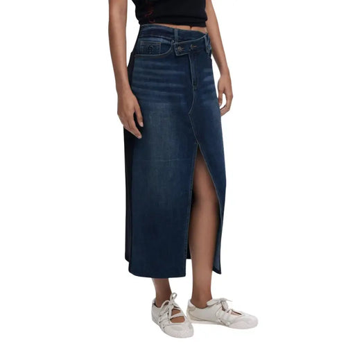 Dark wash denim maxi skirt with asymmetrical button waist and front slit for women