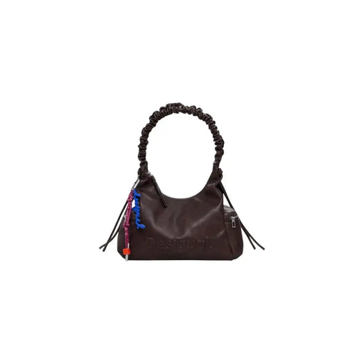 Dark brown polyurethane shoulder bag with ruched strap and colorful tassel charm