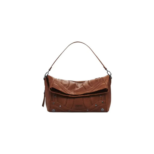 Brown leather Desigual women’s shoulder bag with fold-over flap, decorative stitching, and metal studs