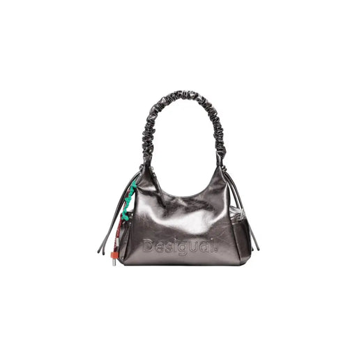 Metallic grey polyurethane handbag with ruched handle and colorful charm for Women Fall Winter Collection