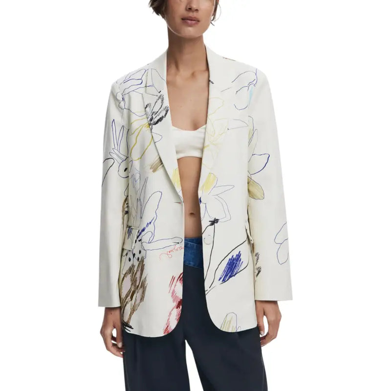 Off-white Desigual floral V neck blazer with colorful abstract floral and line art design