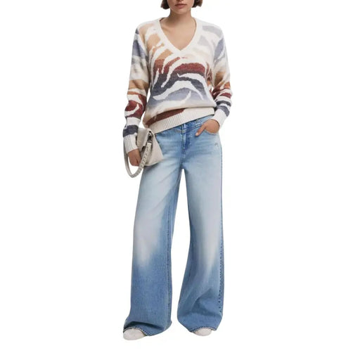 Women’s beige long V-neck knitwear with colorful abstract pattern from Desigual